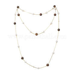 Brass Boston Link Chain Long Necklaces with Round Natural Tiger Eye and Shell Pearl&nbsp;NJEW-JN05722-02