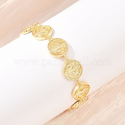 Flat Round with Saint Benedict Brass Link Chain for Women&nbsp;BJEW-K248-06A-G
