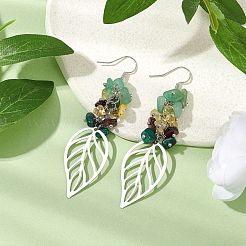 Leaf 201 Stainless Steel Natural Citrine & Natural Green Aventurine & Natural Malachite & Natural Garnet Chip Dangle Earrings&nbsp;EJEW-JE06138-02