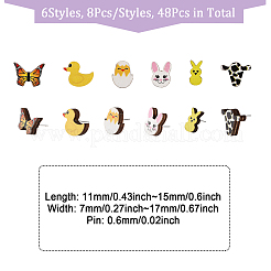 48Pcs 6 Styles Duck & Butterfly & Cow & Rabbit & Chick Wood Stud Earrings&nbsp;EJEW-CA0001-10