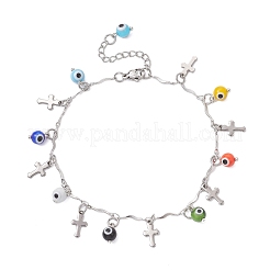 Handmade Evil Eye Lampwork & 304 Stainless Steel Cross Tassel Bar Link Chain Anklets for Women&nbsp;AJEW-AN00741-01