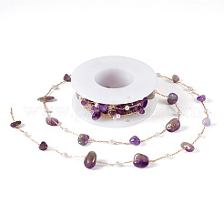 2M Natural Amethyst Chips & ABS Plastic Imitation Pearl Beaded Chains&nbsp;CHC-TA0001-25