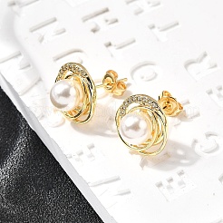 Round Brass Micro Pave Clear Cubic Zirconia Stud Earrings&nbsp;EJEW-C154-05G