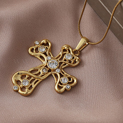 Vintage 304 Stainless Steel with Clear Glass Hollow Cross Pendant Necklaces for Women&nbsp;MR8108