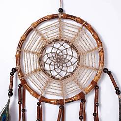 Native Style Bamboo Ring Woven Net/Web with Feather Boho Wall Hanging Decoration&nbsp;HJEW-A001-07
