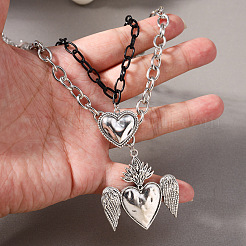 Duo Tone Alloy Heart with Angel Wings Pendant Double Layer Necklaces for Women&nbsp;WGB1CA0-01