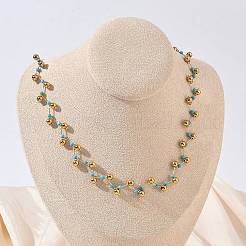 304 Stainless Steel & Faceted Round Synthetic Turquoise Beaded Necklaces for Women&nbsp;NJEW-C119-03A