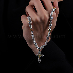Religion Two Tone Alloy Cross Pendant Synthetic Hematite Chip Beaded Necklaces for Men&nbsp;WG8791E-01