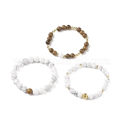3Pcs 3 Style Natural Wenge Wood & Lava Rock & Synthetic Howlite Stretch Bracelets Set&nbsp;BJEW-JB08508