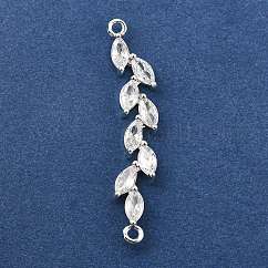 Brass Pave Clear Cubic Zirconia Leaf Links Connector Charms, Rack Plating, Long-Lasting Plated, Lead Free & Cadmium Free, Silver, 40x7.5x4mm, Hole: 1.6mm