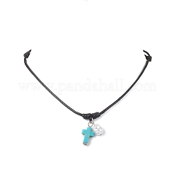 Adjustable Dyed Synthetic Turquoise with Round Plastic Imitation Pearl Cross Pendant Black Waxed Polyester Cord Necklaces for Women&nbsp;NJEW-JN05384-01