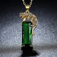 Rectangle with Leopard Alloy Fern Green Rhinestone Pendant Necklaces&nbsp;FS-WG97C8C-01