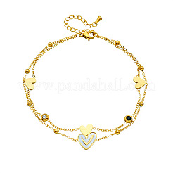 304 Stainless Steel Pave Clear and Black Cubic Zirconia & Natural White Shell Heart Pendant Double Layer Anklets for Women&nbsp;FS-WG8082B-01