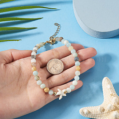 Ocean Dyed Synthetic Turquoise Starfish and Natural Flower Amazonite Round Beaded Anklets for Women&nbsp;AJEW-TA00061
