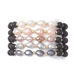 Natural Lava Rock & Cultured Freshwater Pearl Beads Stretch Bracelets for Women&nbsp;BJEW-JB12868