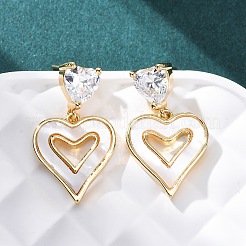 Heart Brass Micro Pave Clear Cubic Zirconia Dangle Stud Earrings&nbsp;KK-D363-12D-G