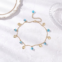 3Pcs 3 Styles Handmade Evil Eye Lampwork & Stainless Steel Moon Heart Leaf Tassel 304 Stainless Steel Curved Bar Link Chain Anklets for Women&nbsp;AJEW-AN00742