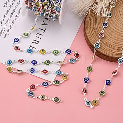 Handmade Flat Round Brass Lampwork Evil Eye Beaded Chains&nbsp;CHC-P002-01S