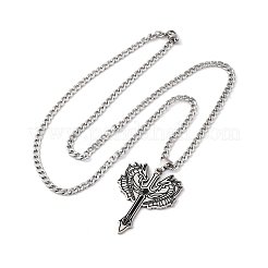 201 Stainless Steel Double Dragon Cross Sword Pendant Twisted Chain Necklaces for Men&nbsp;NJEW-S440-02AS