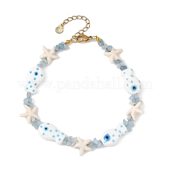 Ocean Natural Aquamarine Chip & Synthetic Turquoise Starfish & Handmade Porcelain Fish Beaded Anklets for Women&nbsp;AJEW-AN00865