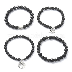 Natural Shungite & Lava Rock Round Beaded Bracelets Sets&nbsp;BJEW-JB09542