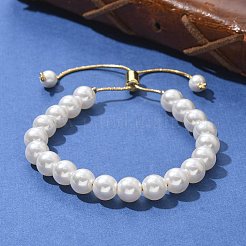 Shell Pearl Beaded Slider Bracelet with Brass Snake Chain&nbsp;LS-BJEW-B066-01B-02