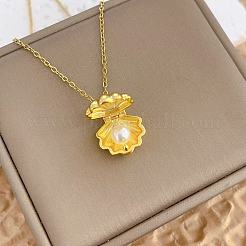 Ocean Brass Openable Shell with Imitaiton Pearl Inside Pendant Cable Chain Necklaces for Women&nbsp;WGDCB47-01