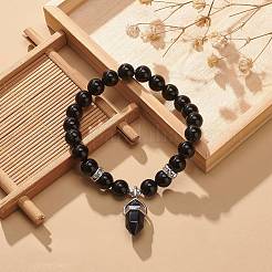 Natural Obsidian Round Beaded Stretch Bracelet with Bullet Charms&nbsp;BJEW-JB09018-05
