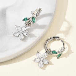 Flower Brass Micro Pave Cubic Zirconia Hoop Dangle Earrings for Women&nbsp;EJEW-A167-13P-02