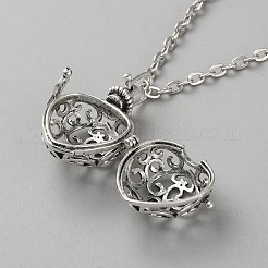 Brass Cable Chain Hollow Cage Bead Pendant Necklaces&nbsp;NJEW-WH0020-25B