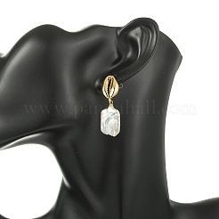 Nuggets with Shell Shape Natural Amber & Natural Cultured Freshwater Pearl Dangle Stud Earrings&nbsp;EJEW-JE07023