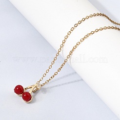Brass Micro Pave Clear Cubic Zirconia & Resin Red Cherry Pendant 304 Stainless Steel Cable Chain Necklaces for Women&nbsp;NJEW-H092-06G