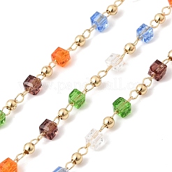 Handmade Brass & Glass Cube with Round Beaded Link Chains&nbsp;KK-Z160-01G-03