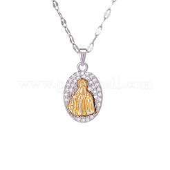 Two Tone Brass Micro Pave Clear Cubic Zirconia Religion Oval with Virgin Pendant Necklaces with 304 Stainless Steel Dapped Chains for Women&nbsp;WGEFA72-01