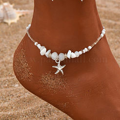 Natural White Jade Chips & Glass Beads Anklets&nbsp;WGE754A-02