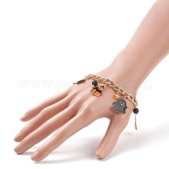Alloy Enamel Ghost & Bat & Broom & Natural Lava Rock Charm Bracelet&nbsp;BJEW-TA00132