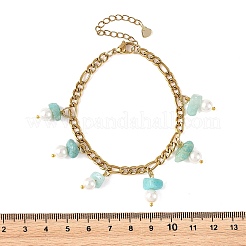 Natural Amazonite Chip and Shell Pearl Beads Tassel 304 Stainless Steel Figaro Chain Bracelets&nbsp;BJEW-JB14346-02