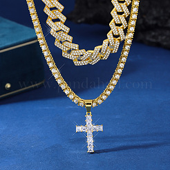 2Pcs Cross Zinc Alloy Clear Cubic Zirconia Pendant Double Layer Necklaces for Women Men&nbsp;FS-WG0C5CD-01