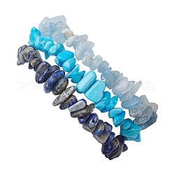 3Pcs Natural Aquamarine & Natural Lapis Lazuli & Synthetic Turquoise Chip Beaded Stretch Bracelet Sets&nbsp;BJEW-JB10861