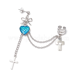 Alloy & Brass & Resin Heart with Fish Scale Shape & Bowknot Stud Earrings&nbsp;EJEW-JE06230