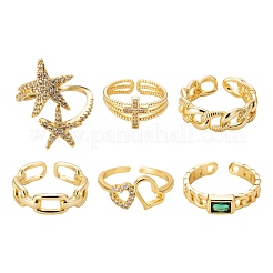 6Pcs 6 Styles Adjustable Brass Micro Pave Clear Cubic Zirconia Cuff Rings&nbsp;RJEW-LS0001-19G
