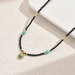 Vintage Stainless Steel Pave Synthetic Turquoise Heart Pendant Glass Faceted Round Beaded Necklaces for Women&nbsp;UN1640