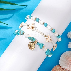 3Pcs 3 Styles Starfish Synthetic Magnesite & Turquoise Beaded Anklets&nbsp;AJEW-TA00030