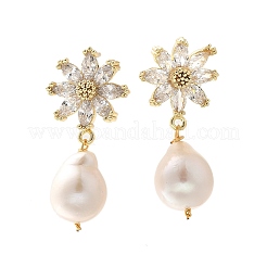 Natural Pearl Dangle Ear Studs&nbsp;EJEW-L099-06G