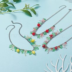 3Pcs 3 Style Strawberry & Cherry & Lemon & Leaf Resin & Glass Pendant Necklaces Set&nbsp;NJEW-TA00069