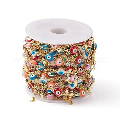Enamel Evil Eye & Glass Flat Round Link Chains&nbsp;CHC-C003-22G-01