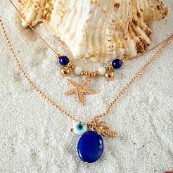 Alloy Starfish Coconut Tree & Oval Resin Pendant Double Layer Necklaces&nbsp;FS-WGC9AA5-01
