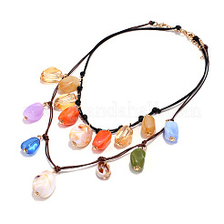 Bohemian Resin Nuggets Pendant Leather Cord Double Layer Bib Necklaces for Women&nbsp;WG1D07C-01
