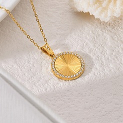 304 Stainless Steel Micro Pave Clear Cubic Zirconia Round Medal Pendant Necklaces&nbsp;WGE37BE-01