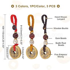 3Pcs 3 Style Brass Lucky Coins Five Emperor Money Feng Shui Coins Pendant&nbsp;AJEW-FH0002-29